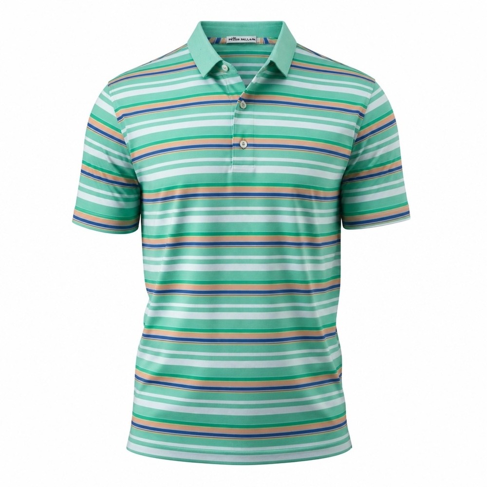 Peter Millar Mens Medium Green Striped Short Sleeve Cotton Polo Shirt